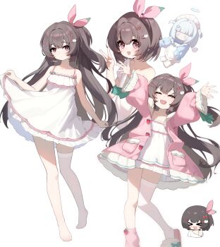 1girl absurdres alternate_hairstyle asymmetrical_legwear bow brown_hair child dress flat_chest frills full_body hair_bow hair_ornament hairclip happy highres liwen520 long_hair looking_at_viewer medium_hair multiple_views off-shoulder_shirt off_shoulder original outstretched_arms pastel_colors pink_eyes pink_trim shirt skirt_hold solo spread_arms stuffed_toy v white_background white_dress