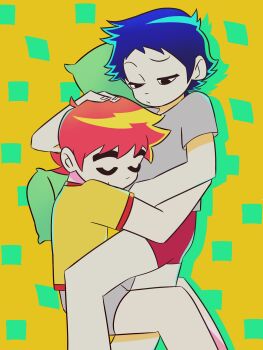 2boys black_eyes black_hair bottomless boxers closed_eyes colorful commentary couple cuddling english_commentary grey_male_underwear grey_shirt hand_on_another&#039;s_head highres looking_at_another looking_down male_focus male_underwear multiple_boys official_style orange_hair raised_eyebrow red_male_underwear scott_pilgrim scott_pilgrim_(series) scott_pilgrim_takes_off shirt short_hair simple_background sleeping twtm03520020 underwear wallace_wells yaoi yellow_background yellow_shirt