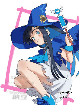 Rule 34 | 1girl, artist name, black hair, blue capelet, blue eyes, blue hat, blue ribbon, blue scrunchie, blue shoes, blush, brooch, bus stop, capelet, cevio, closed mouth, colored inner hair, commentary request, dated, dress, extreme nattou, feet out of frame, flower, frilled capelet, frills, from below, futaba minato, hair ornament, hairclip, hand up, hat, hat flower, highres, holding, holding wand, jewelry, long hair, looking at viewer, multicolored hair, ribbon, scrunchie, shoes, single sidelock, sleeveless, sleeveless dress, smile, sneakers, solo, squatting, sunflower, wand, watermark, white background, white dress, witch, witch hat, wrist scrunchie