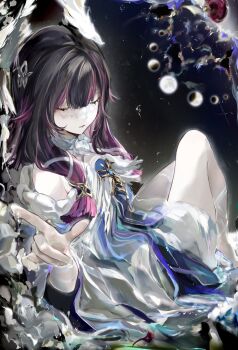 1girl bare_shoulders black_hair closed_eyes columbina_(genshin_impact) dress feathered_wings genshin_impact head_wings highres index_finger_raised liquid long_hair moon moon_phases multicolored_hair off-shoulder_dress off_shoulder purple_hair sitting solo toqha3247 two-tone_hair water_drop white_dress white_wings wings
