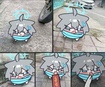 Rule 34 | 1girl, ahoge, animal ears, blue archive, blue eyes, blue halo, blue scarf, chibi, chibi only, commentary, grey hair, halo, highres, ishikoro24, meme, open mouth, scarf, shiroko (blue archive), teeth, tongue, tongue out, untranslatable commentary, wolf ears, wolf girl