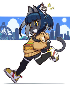 1girl animal_ears black_fur black_hair black_thighhighs bob_cut cat_ears cat_girl cat_tail chinese_commentary colored_sclera commentary_request earphones from_side furry furry_female highres hood hood_down hoodie lilia_(xuao2000) original shoes short_hair smile sneakers solo tail thighhighs walking whiskers xuao2000 yellow_hoodie yellow_sclera yellow_shoes