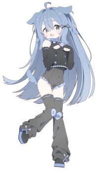 Rule 34 | 1girl, :d, absurdres, ahoge, animal ears, bare shoulders, black leotard, black shirt, black shoes, black thighhighs, blue collar, blue hair, blush, bone hair ornament, buttons, collar, commentary request, commission, covered navel, dog ears, dog girl, dog tail, double-breasted, double-parted bangs, frilled leotard, frills, full body, grey eyes, hair between eyes, hair intakes, hair ornament, hands up, highres, leotard, long hair, long sleeves, looking at viewer, open mouth, original, paw pose, shirt, shoes, simple background, skeb commission, sleeves past wrists, smile, solo, spiked collar, spikes, standing, standing on one leg, tail, thick eyebrows, thighhighs, urotsuki (ku9625), white background