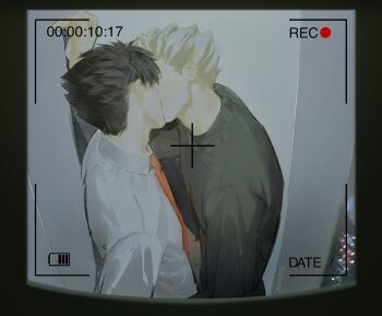 Rule 34 | 2boys, battery indicator, black hair, black shirt, bokuto koutarou, camera feed, collared shirt, elevator, french kiss, grey hair, haikyuu!!, hashtag-only commentary, highres, kiss, kuroo tetsurou, ky 69, long sleeves, male focus, multicolored hair, multiple boys, necktie, orange necktie, shirt, short hair, two-tone hair, upper body, viewfinder, white hair, white shirt, yaoi