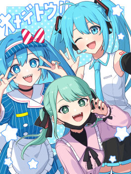 3girls :d ;d absurdres apron bare_shoulders black_choker black_ribbon black_skirt black_sleeves black_thighhighs blue_background blue_dress blue_eyes blue_hair blue_hat blue_nails blue_necktie blush border bright_pupils center_frills choker collared_shirt commentary detached_sleeves double_v dress fangs frilled_apron frilled_shirt_collar frills green_eyes green_hair hair_between_eyes hand_up hands_up hat hatsune_miku headset highres jirai_kei long_hair long_sleeves looking_at_viewer mask mesmerizer_(vocaloid) miniskirt miz_(mizillustration) mouth_mask multiple_girls multiple_persona nail_polish neck_ribbon necktie number_tattoo one_eye_closed open_mouth outside_border pink_shirt pleated_skirt polka_dot polka_dot_background ribbon sharp_teeth shirt short_sleeves shoulder_tattoo skirt sleeveless sleeveless_shirt smile star_(symbol) striped_clothes striped_dress striped_headwear tattoo teeth thighhighs translated twintails v vampire_(vocaloid) visor_cap vocaloid waist_apron white_apron white_border white_pupils white_shirt