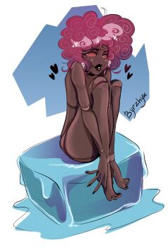 1girl absurdres barefoot black_lips black_nails byrzhyk colored_sclera completely_nude dark-skinned_female dark_skin hair_ornament hazbin_hotel heart hellaverse highres ice ice_cube nail_polish nude red_hair red_sclera short_hair skull_hair_ornament smile teeth velvette_(hazbin_hotel) white_background