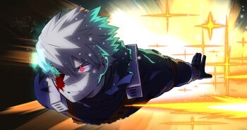 1boy bakugou_katsuki blood blood_on_face boku_no_hero_academia commentary dirty dirty_face english_commentary explosion gloves hair_between_eyes highres long_sleeves male_focus outstretched_arm parted_bangs parted_lips red_eyes short_hair solo sparks spiked_hair teeth torn_clothes twitter_username xiieru