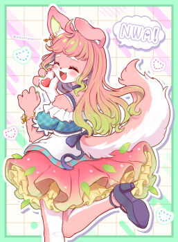 1girl ^_^ absurdres animal_ears animal_hands animal_nose artist_self-insert bead_bracelet beads black_shoes blush border bow bracelet closed_eyes commentary_request dog_ears dog_girl dog_tail from_behind furry furry_female gradient_hair green_border green_hair happy high_heels highres jewelry leg_up long_hair multicolored_hair open_mouth original outline pawpads pink_fur pink_hair pink_skirt shii_(no-va_could) shirt shoes skirt smile solo speech_bubble tail treble_clef white_outline white_shirt