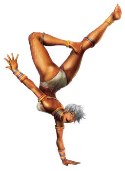 1girl blue_eyes capoeira dark_skin elena_(street_fighter) looking_at_viewer short_hair street_fighter thick_thighs thighs white_hair