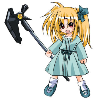 Rule 34 | 00s, 1girl, alicia testarossa, bardiche (nanoha), blonde hair, fate testarossa, female focus, hair ribbon, lyrical nanoha, mahou shoujo lyrical nanoha, open mouth, pepeta (sabamiso kissa), red eyes, revision, ribbon, simple background, solo, white legwear