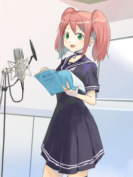 1girl :d black_choker black_sailor_collar black_serafuku black_shirt black_skirt book choker earrings green_eyes happy highres holding holding_book indoors jewelry long_skirt microphone microphone_stand multiple_rings nemoto_hina official_alternate_hairstyle okiru open_book open_mouth pink_hair pleated_skirt ring sailor_collar school_uniform script serafuku shirt short_sleeves sidelocks skirt smile solo standing watashi_ga_motenai_no_wa_dou_kangaetemo_omaera_ga_warui!