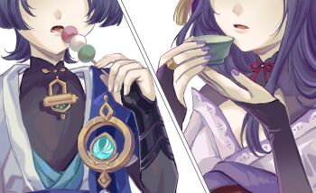 1boy 1girl anemo_symbol_(genshin_impact) aqua_kimono armor black_bodysuit blunt_ends bodysuit bridal_gauntlets cup dango earrings eyes_out_of_frame fingernails food genshin_impact gold gold_ring hair_ornament han'eri hand_up head_out_of_frame highres holding holding_cup holding_food holding_skewer japanese_armor japanese_clothes jewelry kimono kote kurokote layered_clothes layered_kimono liuyun_(liuyun73492) lower_teeth_only mandarin_collar middle_ring mother_and_son nail_polish obiage off_shoulder open_clothes open_hand open_kimono open_mouth purple_hair purple_kimono purple_nails raiden_shogun red_ribbon ribbon scaramouche_(genshin_impact) shoulder_peek shrug_(clothing) single_sidelock skewer split_screen tassel tassel_hair_ornament teeth upper_body vision_(genshin_impact) wagashi wanderer_(genshin_impact) white_background white_kimono