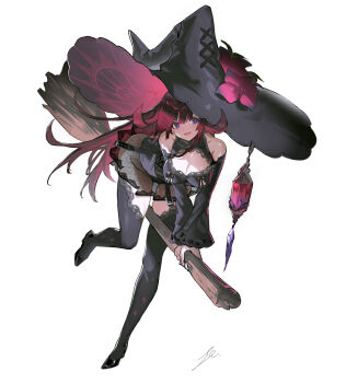 1girl :d bare_shoulders black_dress black_hat black_shoes black_thighhighs breasts broom cleavage commentary dress full_body hat hayama_eishi highres holding holding_broom juliet_sleeves large_breasts long_hair long_sleeves looking_at_viewer open_mouth original puffy_sleeves purple_eyes red_hair shoes short_dress signature simple_background smile solo standing standing_on_one_leg thighhighs white_background wide_sleeves witch witch_hat