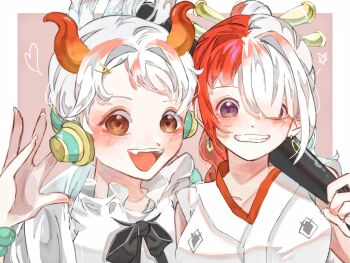 2girls border club club_(weapon) commentary_request earrings hair_over_one_eye headphones heart highres holding holding_weapon horns japanese_clothes jewelry kanabou kimono multiple_girls one_piece one_piece_film:_red open_mouth orange_eyes red_hair sidelocks simple_background smile u_mi031 uta_(one_piece) weapon white_border white_hair white_kimono yamato_(one_piece)