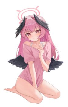 1girl absurdres alternate_costume alternate_hairstyle bare_legs barefoot between_legs black_wings blue_archive blush closed_mouth collarbone commentary eyelashes feathered_wings film_grain full_body hair_between_eyes hair_down halo hand_between_legs hand_up head_wings highres koharu_(blue_archive) long_hair looking_at_viewer low_wings manjie no_headwear pink_eyes pink_hair pink_halo pink_shirt seiza shirt shirt_tug short_sleeves simple_background single_bare_shoulder sitting solo t-shirt thighs tsurime white_background wings