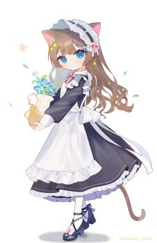 1girl absurdres animal_ears apron black_dress black_shoes blue_eyes blue_flower bow brown_hair cat_ears cat_girl cat_tail commentary dress flower footwear_bow from_side full_body high_heels highres holding_vase long_hair long_sleeves looking_at_viewer looking_to_the_side maid original shishiodoshi shoes simple_background solo standing symbol-only_commentary tail white_apron white_background