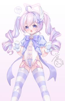 1girl :o absurdres ahoge artist_name blue_archive blush bow clenched_hands drill_hair egg_vibrator feather_hair_ornament feathers feet_out_of_frame gloves gluteal_fold gradient_background groin hair_between_eyes hair_ornament halo highleg highleg_leotard highres leotard long_hair looking_at_viewer magical_girl multicolored_hair open_mouth panties puffy_sleeves purple_bow purple_eyes purple_hair reisa_(blue_archive) reisa_(magical)_(blue_archive) sash sex_toy short_sleeves side-tie_panties skindentation smile solo star_(symbol) star_hair_ornament star_halo streaked_hair striped_clothes striped_thighhighs thighhighs thighs twintails two-tone_hair underwear vibrator vibrator_in_thighhighs white_gloves white_hair white_leotard wrist_cuffs ya_chuifeng_lai