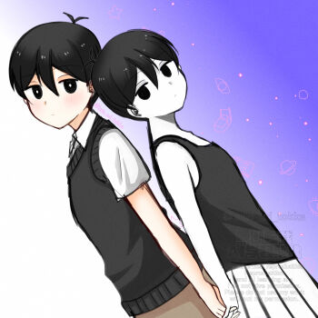 Rule 34 | 2boys, antenna hair, black eyes, black hair, black shorts, black sweater vest, black tank top, blush, bright pupils, brown shorts, closed mouth, collared shirt, colored skin, commentary request, double-parted bangs, dual persona, expressionless, gradient background, hair between eyes, highres, hisaho, holding hands, interlocked fingers, looking at viewer, male focus, multiple boys, omori, omori (omori), purple background, shirt, short hair, short sleeves, shorts, sketch, striped clothes, striped shorts, sunny (omori), sweater vest, tank top, twitter username, two-tone background, two-tone shorts, vertical-striped clothes, vertical-striped shorts, watermark, white background, white pupils, white shirt, white shorts, white skin