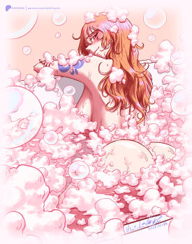 1girl a_mimishi armpit_peek ass back backboob bath bathing bathtub blush breasts closed_mouth commentary completely_nude convenient_censoring dated english_commentary feet_out_of_frame from_behind highres large_breasts leaning_forward long_hair looking_at_viewer looking_back nami_(one_piece) nude one_piece orange_eyes orange_hair partially_submerged patreon_username shoulder_tattoo signature smile soap soap_bubbles soap_censor solo tattoo water wavy_hair wet