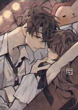1boy 1girl armpits arms_behind_head artist_name black_necktie blush breasts brown_hair caleb_(love_and_deepspace) collared_shirt couple crop_top dog_tags grey_jacket hair_between_eyes hair_over_eyes hair_over_one_eye hand_on_another&#039;s_chin hetero jacket light_blush long_hair love_and_deepspace medium_breasts midriff necktie otakupup pinned protagonist_(love_and_deepspace) purple_eyes shirt short_hair sleeveless sleeveless_shirt sleeves_rolled_up stuffed_apple upper_body white_shirt