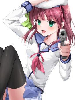 Rule 34 | 1girl, :d, absurdres, aiming, aiming at viewer, angel beats!, arm up, beret, black thighhighs, blue skirt, blunt bangs, blush, bow, breasts, collarbone, commentary, dutch angle, english commentary, feet out of frame, green bow, green eyes, gun, hair bow, hand up, handgun, hat, hat ribbon, highres, holding, holding gun, holding weapon, knees up, long sleeves, looking at viewer, medium breasts, medium hair, miniskirt, nakamura yuri, neckerchief, open mouth, pink neckerchief, pink ribbon, pleated skirt, purple hair, ribbon, shinda sekai sensen uniform, shirt, simple background, sitting, skirt, smile, solo, thighhighs, thighs, user vkcr5455, v-shaped eyebrows, weapon, white background, white hat, white shirt