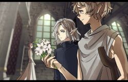 Rule 34 | 1girl, 2boys, absurdres, blonde hair, braided ponytail elf (dungeon meshi), brothers, curly hair, dress, dungeon meshi, elf, flower, grey eyes, grey hair, half-siblings, highres, holding, holding crutch, holding flower, indoors, long sleeves, male focus, mithrun, mithrun&#039;s brother, multiple boys, oejikim, pointy ears, short hair, siblings, sleeveless, tunic, white dress, window, yellow eyes