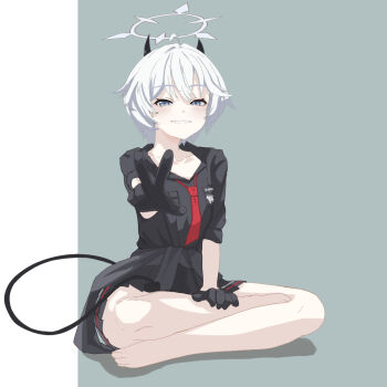 1girl bare_legs black_gloves black_shirt black_skirt blue_archive blue_eyes blush collared_shirt commentary_request crossed_legs dabuman demon_girl demon_horns demon_tail erika_(blue_archive) full_body gehenna_academy_logo gloves grin hair_between_eyes half-closed_eyes halo hand_on_own_leg hand_up horns medium_hair miniskirt necktie pleated_skirt reaching reaching_towards_viewer red_necktie shirt sitting skirt smile solo tail w white_hair white_halo