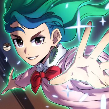 1girl absurdres alejandro_pupo alternate_hair_color artist_logo ayase_momo commentary dandadan earrings english_commentary floating_hair highres jewelry logo long_hair long_sleeves looking_at_viewer open_mouth psychic school_uniform smile solo sparkle sweater