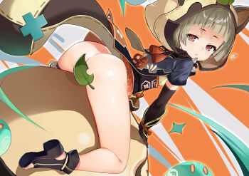 1girl absurdres animal_ears ass bad_id bad_twitter_id black_boots blunt_bangs blush boots bottomless convenient_censoring genshin_impact half-closed_eyes highres kikimi leaf leaf_censor looking_at_viewer looking_back orange_theme raccoon_ears raccoon_tail sayu_(genshin_impact) sitting slime_(genshin_impact) solo tail toeless_legwear