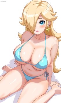1girl absurdres bikini blonde_hair blue_bikini blue_eyes breasts cleavage collarbone curvy earrings eclyart hair_over_one_eye highres jewelry large_breasts lips long_hair looking_at_viewer mario_(series) navel nintendo rosalina simple_background sitting solo star_(symbol) star_earrings super_mario_galaxy swimsuit thighs very_long_hair wariza white_background
