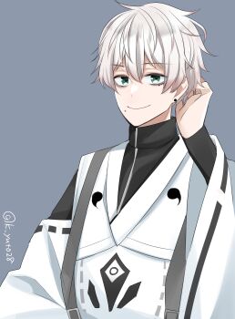 1boy arm_behind_head bags_under_eyes character_request check_copyright closed_mouth commentary_request copyright_request earrings green_eyes grey_background highres indie_virtual_youtuber japanese_clothes jewelry layered_sleeves male_focus mole mole_under_mouth pale_skin sakura_yuto short_hair smile solo stud_earrings twitter_username white_hair wide_sleeves