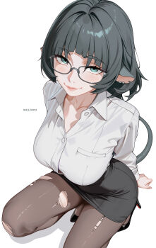 1girl absurdres animal_ears black_hair black_shoes black_skirt blush breast_pocket breasts brown_pantyhose earrings glasses green_eyes high_heels highres jane_doe_(zenless_zone_zero) jewelry large_breasts long_hair long_sleeves looking_at_viewer melowh miniskirt mouse_ears mouse_girl mouse_tail office_lady pantyhose pencil_skirt pocket shirt shoes short_hair skirt smile solo tail torn_clothes torn_pantyhose white_shirt zenless_zone_zero