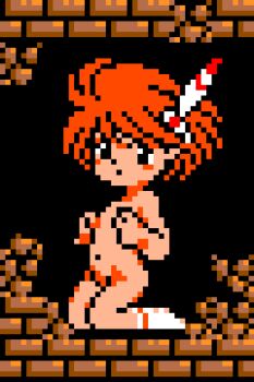 1girl black_background black_eyes covering_breasts covering_privates dragon_slayer_(series) dragon_slayer_iv_drasle_family facepaint feather_hair_ornament feathers flat_chest hair_ornament kneeling loli looking_at_viewer lyll_(drasle_family) navel nude pixel_art red_hair saiwai_hiroshi short_hair socks white_socks