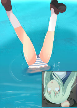 absurdres commission highres inugami-ke_no_ichizoku_pose kochiya_sanae onaho_(otayoku) panties pixiv_commission school_uniform serafuku striped_clothes striped_panties touhou underwater underwear