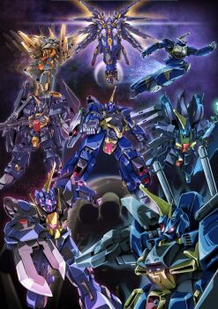 barzam bazooka_(gundam) beam_cannon beam_rifle energy_gun fin_funnels funnels_(gundam) glowing gn_drive gn_sword gun gundam highres holding holding_gun holding_sword holding_weapon looking_at_viewer mecha mecha_focus mechanical_wings mobile_suit no_humans one-eyed psycho_frame redesign robot sakusakusakurai science_fiction shield sword thrusters titans_(gundam) v-fin weapon wings zeta_gundam