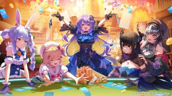 >_< 5girls :d akai_haato animal_ears arms_up artist_request asymmetrical_horns black_gloves black_hair black_hat black_jacket black_shirt blonde_hair blue_dress blue_hair braid breasts card carrot_hair_ornament casino center_frills closed_eyes coin colored_inner_hair commentary_request copyright_notice detached_sleeves dress empty_eyes extra_ears feather-trimmed_sleeves flower food-themed_hair_ornament frilled_gloves frills fur_sleeves gloves gold_coin gradient_hair grey_hair hair_ornament hair_ribbon hand_on_another's_shoulder hat heart heart_hair_ornament highres holding holding_card hololive hololive_dreams hololive_english hololive_indonesia horn_flower horns indoors jacket jewelry large_breasts long_hair moona_hoshinova multicolored_hair multiple_girls necklace nerissa_ravencroft o3o off_shoulder official_alternate_costume official_art one_side_up open_mouth orange_eyes outstretched_arms parted_lips playing_card poker_table pom_pom_(clothes) puffy_detached_sleeves puffy_short_sleeves puffy_sleeves purple_hair rabbit_ears rabbit_girl red_ribbon ribbon second-party_source shiori_novella shirt short_eyebrows short_sleeves sidelocks sitting small_breasts smile split-color_hair starry_hair table thick_eyebrows twin_braids uneven_horns usada_pekora very_long_hair virtual_youtuber white_dress white_hair white_shirt yellow_eyes