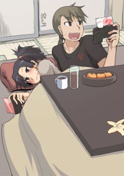 10s 1boy 1girl 2012 black_hair blush brachydios brown_hair capcom cup denim drink food fruit glass glasses green_tea hair_tubes handheld_game_console hetero jeans kotatsu long_hair lying monster_hunter_(series) monster_hunter_3_g mug multitasking nintendo nintendo_3ds on_side open_mouth panties panties_around_leg pants pillow playing_games ryo_(liver_sashi_daisuki!) shijuuhatte signature sitting stealth_sex sweatdrop table tatami tea translated under_kotatsu under_table underwear