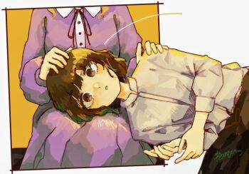 2girls :o black_skirt blonde_hair blush brown_eyes brown_hair buttons collared_dress collared_shirt commentary_request cropped_head cropped_legs dress emphasis_lines hand_in_another's_hair hand_on_another's_head hand_on_another's_shoulder lap_pillow looking_at_viewer maribel_hearn multiple_girls neck_ribbon no_headwear open_mouth purple_dress red_ribbon ribbon shirt shirt_tucked_in signature sitting skirt touhou translation_request usami_renko wasabisuke white_background white_shirt yellow_background