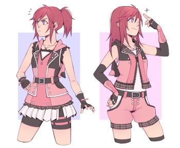 1girl :&lt; alternate_hairstyle belt black_belt black_gloves black_shorts blue_eyes closed_mouth collarbone commentary cropped_legs dress elbow_gloves english_commentary eyelashes fingerless_gloves gloves hood hood_down hooded_jacket jacket kairi_(kingdom_hearts) kingdom_hearts kingdom_hearts_iii maryuumi medium_hair multiple_views notice_lines one_eye_closed pink_dress pink_jacket pink_shorts red_hair shirt shorts simple_background sleeveless sleeveless_jacket smile v-shaped_eyebrows white_shirt zipper