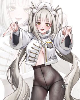 Rule 34 | 1girl, black pantyhose, blanc (fortune express) (nikke), blanc (nikke), coat, commentary, contrapposto, covered navel, cowboy shot, double v, english commentary, fang, fluffu art, fur-trimmed collar, fur trim, goddess of victory: nikke, gyaru v, high-waist pantyhose, highres, jacket, long hair, looking at viewer, lowleg, lowleg panties, no pants, official alternate costume, official alternate hairstyle, panties, panties under pantyhose, pantyhose, see-through pantyhose, signature, skin fang, smile, solo, string panties, twintails, underwear, v, white background, white jacket, winter clothes, winter coat, zoom layer