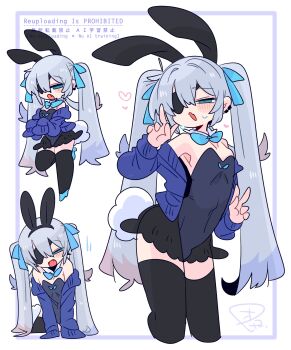 1boy :o animal_ear_hairband animal_ears armpit_crease armpits bare_shoulders black_hairband black_leotard black_skirt black_thighhighs blue_bow blue_bowtie blue_cardigan blue_eyes blue_hair blue_shoes blush bow bowtie bulge cardigan chibi collar collarbone colored_tips commentary covered_navel cowboy_shot crossdressing crossdressing_(mtf) detached_collar double_v earclip eyepatch fake_animal_ears fake_tail fang flipped_hair full_body hair_between_eyes hair_bow hair_intakes hairband hands_up heart high_heels highleg highleg_leotard highres leaning_forward leotard long_hair long_sleeves looking_at_viewer male_focus male_playboy_bunny multicolored_hair multiple_views narrowed_eyes no_nose off_shoulder one_eye_covered op_na_yarou open_cardigan open_clothes open_mouth original playboy_bunny quad_tails rabbit_ear_hairband rabbit_ears rabbit_tail raised_eyebrows raised_inner_eyebrows red_hair rigel_(op_na_yarou) see-through_clothes see-through_skirt shoes sidelocks simple_background skin_fang skirt sleeves_past_fingers sleeves_past_wrists standing standing_on_one_leg straight_hair strapless strapless_leotard tail thighhighs thighs trap v very_long_hair watermark white_background white_hair