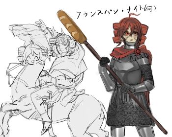 Rule 34 | 1girl, absurdres, ahoge, armor, as-gold-ice, baguette, blush, bread, breastplate, cape, chainmail, commentary, cosplay, couter, drill hair, feet out of frame, food, food-themed weapon, gauntlets, highres, holding, holding polearm, holding weapon, horse, horseback riding, human head, kasane teto, knight, looking up, multiple views, napoleon bonaparte, napoleon bonaparte (cosplay), napoleon crossing the alps, open mouth, polearm, red cape, red eyes, red hair, riding, short hair, simple background, single gauntlet, spear, standing, symbol-only commentary, translation request, twin drills, utau, vambraces, weapon