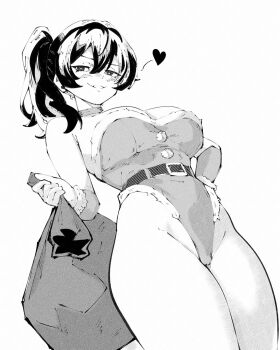 1girl ass blush breasts choker christmas cow crotch detached_sleeves from_below fur_trim greyscale half-closed_eyes hand_on_own_hip heart highres hip_bones holding holding_sack large_breasts leotard light_blush looking_at_viewer miregeist monochrome parted_lips sack seductive_gaze seductive_smile simple_background smile sousou_no_frieren thighs ubel_(sousou_no_frieren) upper_body white_background wide_hips wispy_bangs
