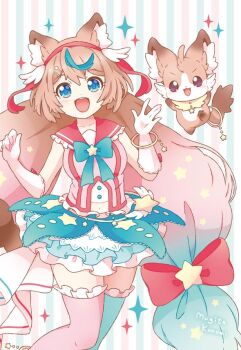 Rule 34 | 1girl, animal, animal ears, animal nose, gloves, happy, jewelry, looking at viewer, magical girl, mugita konomi, navel, original, pet, ribbon, ring, skirt, smile, star (symbol), tail, white gloves