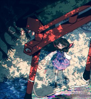 1girl brown_eyes brown_hair cape commentary_request glasses hat highres itomugi-kun long_sleeves looking_back low_twintails outdoors pentagram plaid_clothes red-framed_eyewear school_uniform shadow short_hair skirt torii touhou twintails usami_sumireko vest