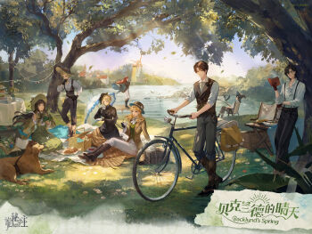 4boys 4girls absurdres amon_(lord_of_the_mysteries) audrey_hall bag bicycle bird black_bonnet black_boots black_cape black_dress black_gloves black_hair black_hat black_pants blue_eyes bonnet book boots box brown_boots brown_eyes brown_hat brown_jacket brown_shoes brown_shorts bug butterfly cape chair chinese_commentary copyright_name crow cup dappled_sunlight dessert dog dress drinking english_text falling_leaves fishing fishing_rod food fors_wall gloves golden_retriever grass green_dress green_eyes green_ribbon green_vest grey_pants hat highres holding holding_book holding_cup holding_fishing_rod holding_plate holding_quill house insect jacket jar klein_moretti lake leaf leonard_mitchell light_rays long_hair looking_at_viewer lord_of_the_mysteries medici_(lord_of_the_mysteries) multiple_boys multiple_girls official_art outdoors pants picnic picnic_basket picnic_blanket plate quill red_gloves red_hair ribbon sharron_(lord_of_the_mysteries) shawl shirt shoes short_hair shorts signature sitting smile sunbeam sunlight susie_(lord_of_the_mysteries) suspenders table translation_request tree vest white_pants white_shirt wind windmill wizard_hat xio_derecha yellow_hat yellow_shawl