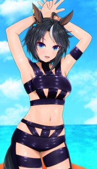 Rule 34 | 1girl, :d, ahoge, animal ears, arm strap, armpits, arms up, black hair, blue eyes, blue sky, bondage outfit, breasts, cloud, commentary request, cowboy shot, day, ear ornament, ear piercing, fuji kiseki (umamusume), highres, horse ears, horse girl, horse tail, hot limit, looking at viewer, m172/minatsu, medium breasts, midriff, navel, open mouth, outdoors, piercing, revealing clothes, short hair, sidelocks, skindentation, sky, smile, solo, standing, swept bangs, t.m.revolution, tail, umamusume, underboob, white hair
