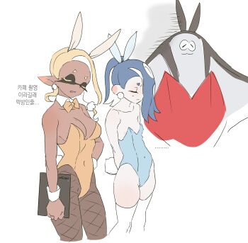 1boy 2girls alternate_costume big_man_(splatoon) blonde_hair bow bowtie breasts closed_eyes collarbone cowboy_shot dark-skinned_female dark_skin detached_collar fishnet_pantyhose fishnets frye_(splatoon) inkling korean_text large_breasts leotard manta_ray mokana_moka multiple_girls nintendo octoling open_mouth pantyhose playboy_bunny pointy_ears rabbit_ears rabbit_tail shiver_(splatoon) small_breasts splatoon_(series) splatoon_3 tentacle_hair thighhighs wrist_cuffs