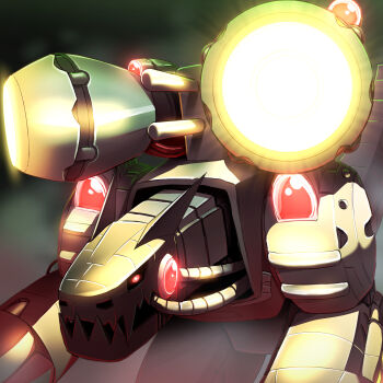 Rule 34 | absurdres, digimon, digimon (creature), energy gun, glowing, hasegawa (hase popopo), highres, mugendramon, no humans, non-humanoid robot, powering up, red eyes, robot, robot dragon, shoulder cannon, solo, upper body, weapon