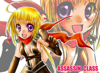 1girl 2000s_(style) :d ahoge armor assassin_cross_(ragnarok_online) black_leotard blonde_hair blush breasts brown_gloves character_name commentary_request elbow_gloves fingerless_gloves gloves heart holding leotard long_hair looking_at_viewer medium_breasts open_mouth orine3 pauldrons purple_eyes ragnarok_online red_scarf revealing_clothes scarf shoulder_armor smile solo upper_body white_background zoom_layer